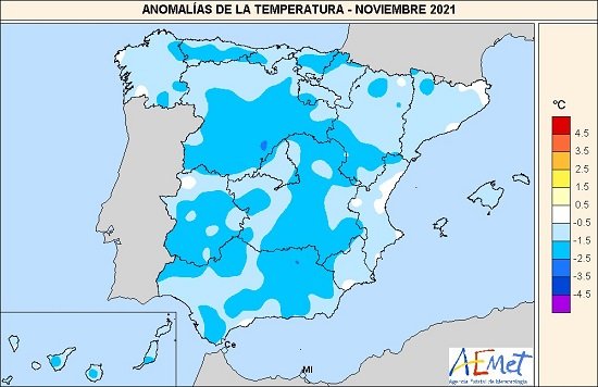 Anomalías térmicas en noviembre de 2021 en comparación con los valores normales