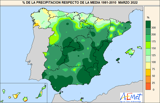 Porcentaje de precipitación acumulada en marzo de 2022 respecto al promedio de 1981-2021